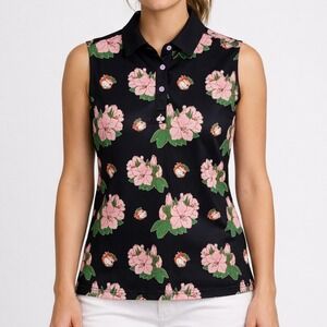 Pins & Aces Tour Junkies Sleeveless Polo Small Black Floral Golf Top Performance
